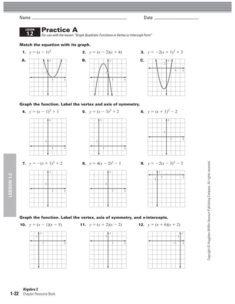 graphing quadratic functions in vertex form worksheet answers